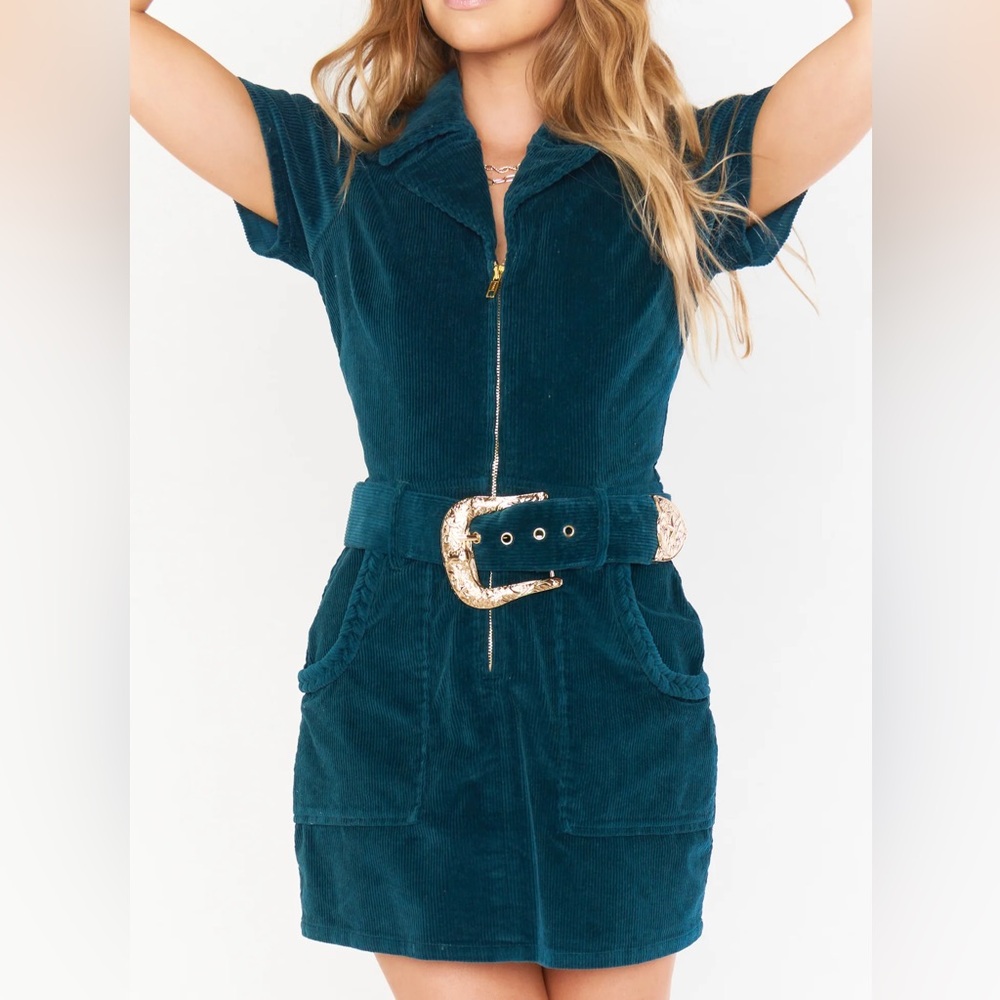 Show Me Your MuMu NWOT Teal Corduroy Mini Dress with Gold Belt